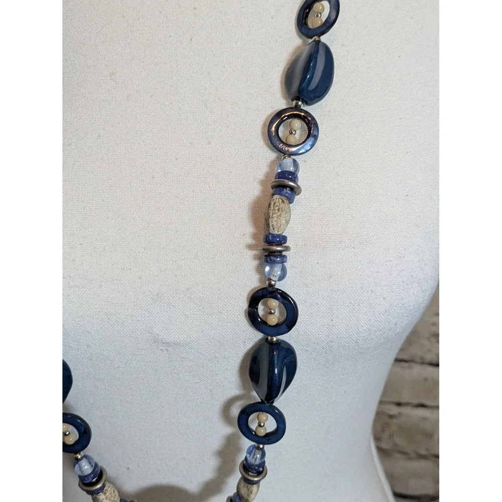 Long Artsy Beaded Necklace In Midnight Blue & Earthy Cream Colors Abstract 32